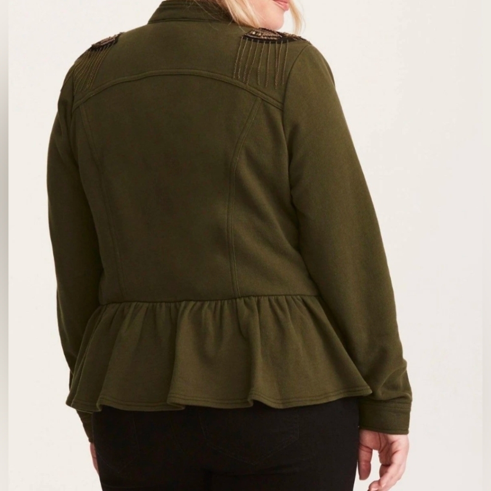1X • Torrid • Army Green Bead Chain Embellished Military Sweatshirt Jacket - Picture 2 of 2